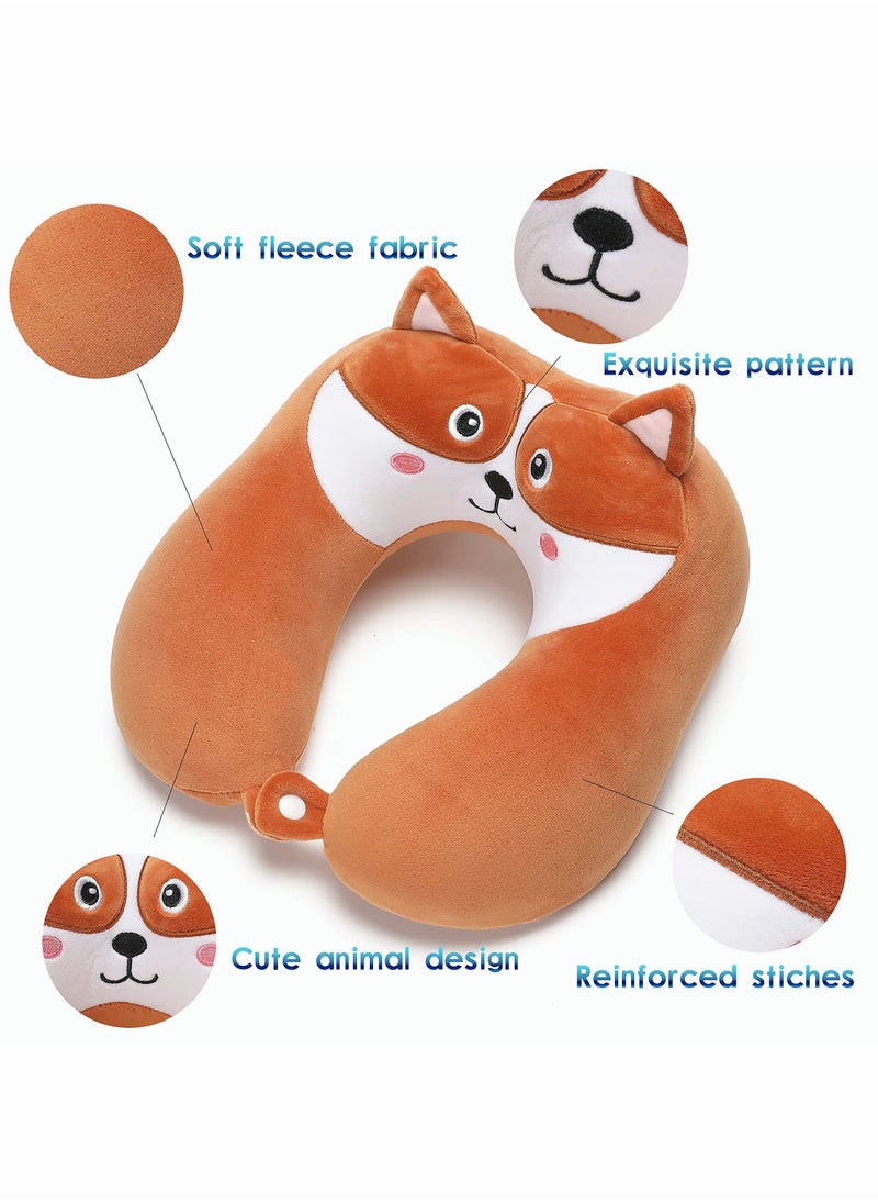 SYOSI - Travel Pillow for Kids and Adults Cute Animal Memory Foam Neck Pillow with Soft Fleece Cover and Eye Mask Set Airplane Pillow Travel Kit with Drawstring Organizer Bag Machine Washable (Puppy) - Image 1