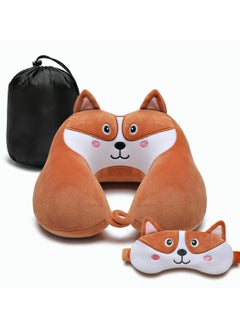 Travel Pillow for Kids and Adults Cute Animal Memory Foam Neck Pillow with Soft Fleece Cover and Eye Mask Set Airplane Pillow Travel Kit with Drawstring Organizer Bag Machine Washable (Puppy)