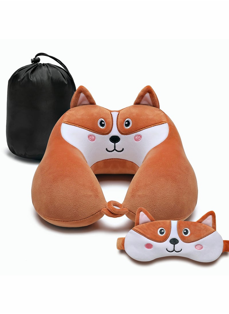 SYOSI - Travel Pillow for Kids and Adults Cute Animal Memory Foam Neck Pillow with Soft Fleece Cover and Eye Mask Set Airplane Pillow Travel Kit with Drawstring Organizer Bag Machine Washable (Puppy) - Image 1