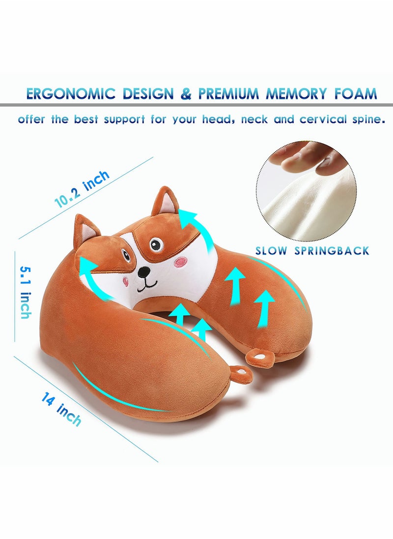 SYOSI - Travel Pillow for Kids and Adults Cute Animal Memory Foam Neck Pillow with Soft Fleece Cover and Eye Mask Set Airplane Pillow Travel Kit with Drawstring Organizer Bag Machine Washable (Puppy) - Image 1