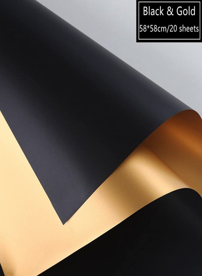 XICHEN 20 Sheets Florist Bouquet Supplies,DIY Crafts,Gift Packaging or Gift Box Packaging, Pearl film and Flow golden two-color Double sided flowers wrapping paper 22.8 * 22.8Inch (Black & Gold) - Image 2