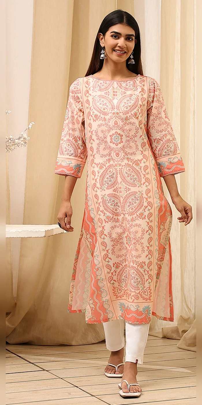 Women Peach-Colored Cotton Printed Straight Kurta