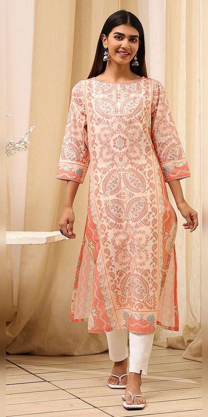 Biba Women Peach-Colored Cotton Printed Straight Kurta - Image 1