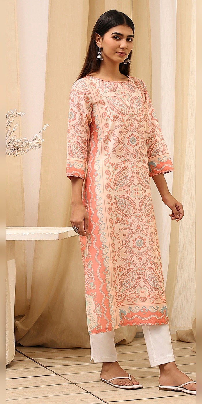 Biba Women Peach-Colored Cotton Printed Straight Kurta - Image 4