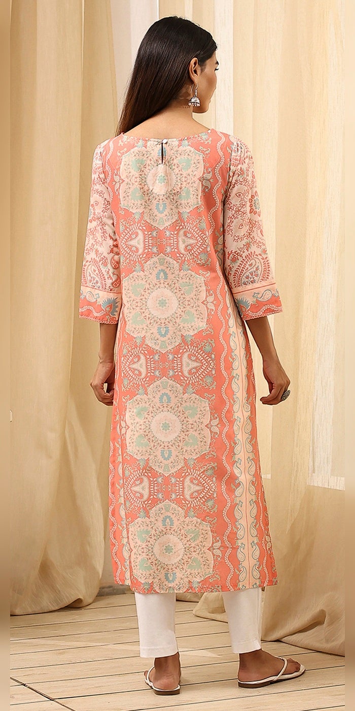 Biba Women Peach-Colored Cotton Printed Straight Kurta - Image 5