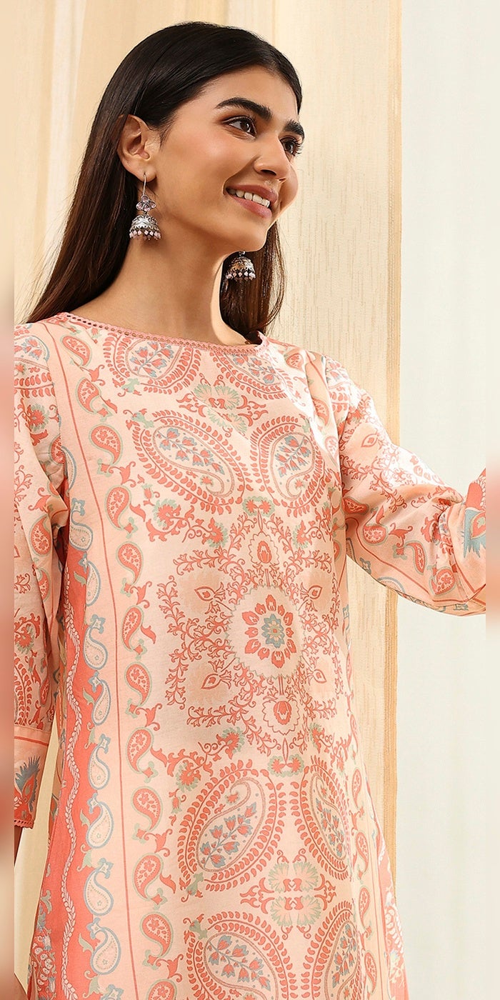 Biba Women Peach-Colored Cotton Printed Straight Kurta - Image 2
