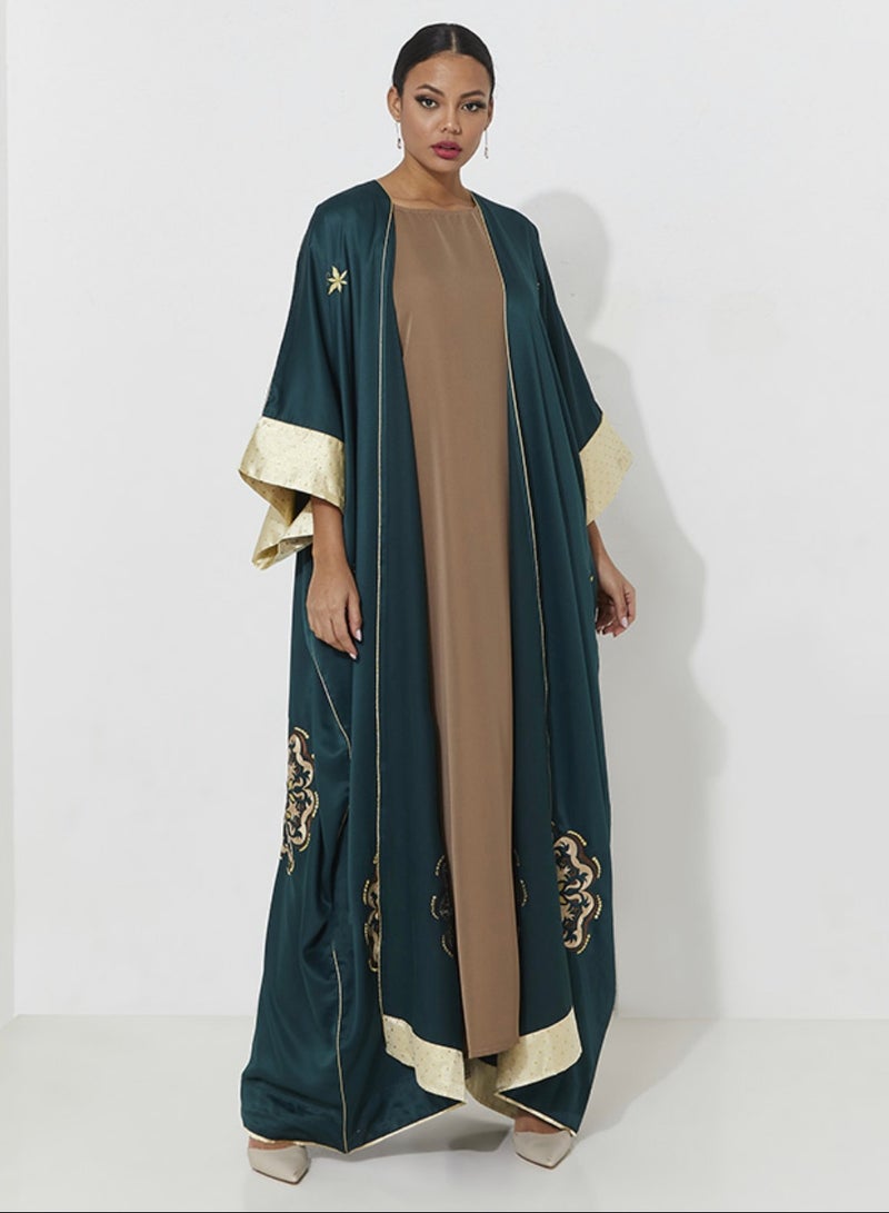 Rosette Abaya Green Bisht Embroidery with Arabic Decorations - Image 4