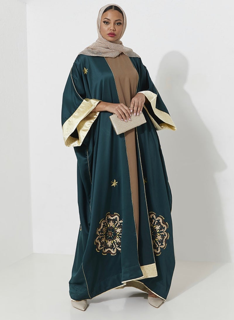 Rosette Abaya Green Bisht Embroidery with Arabic Decorations - Image 1