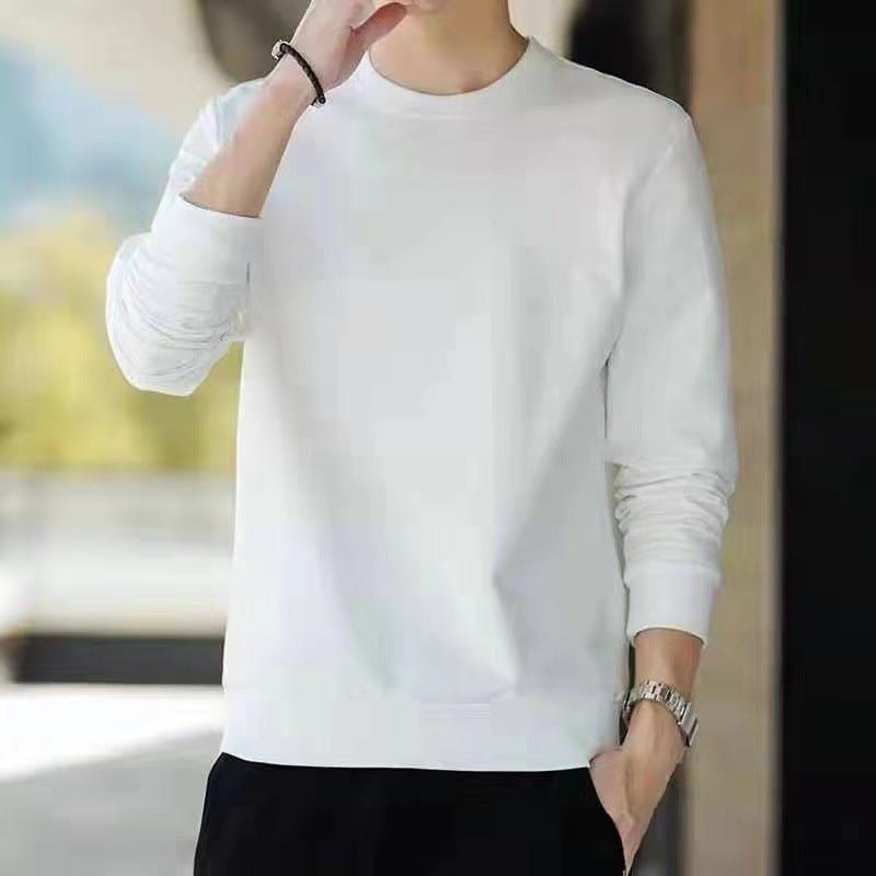 Solid Color Sweatshirt Mens Autumn and Winter 2024 New Hooded Top Loose Trendy All-match Long Sleeve Chic Hong Kong Style Jacket White [round neck sweatshirt] 