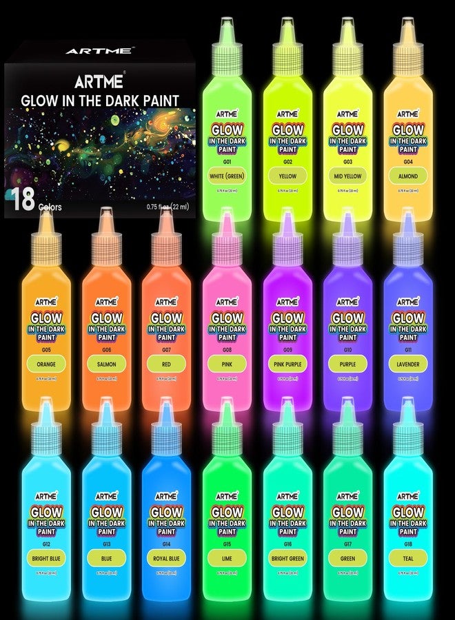ARTME Glow in The Dark Paint, 18 Bright Colors 22ml/0.75oz Blacklight Paint Set, Neon Craft Paints, Glow Fluorescent Acrylic Paints Perfect for DIY projects, Halloween and Christmas Decorations - Image 1