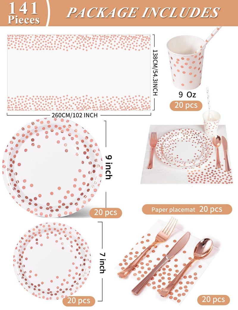 Nkaiso 141 Pieces Rose Gold Party Supplies  Party Dinnerware Sets Include Paper Plates Napkins Cups Silverware  for Wedding Bridal Shower Engagement Birthday Parties Decoration -20 Serves - Image 2