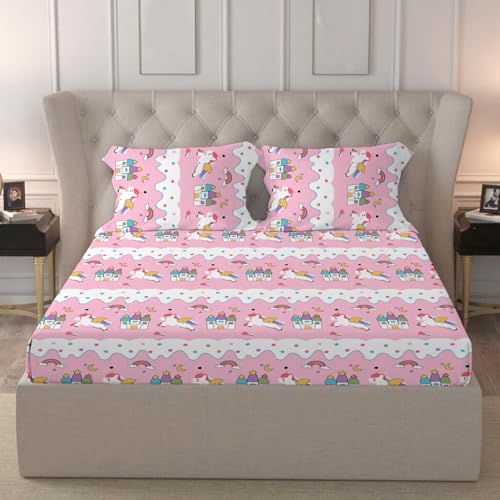 LOOMLYFE 300 TC Kids Cotton Feel Wrinkle Free Soft Hypoallergenic King Size Bedsheet Doube Bed with 2 Pillow Cover Size - 90x95 inches, Design - PinkUnicorn - Image 1