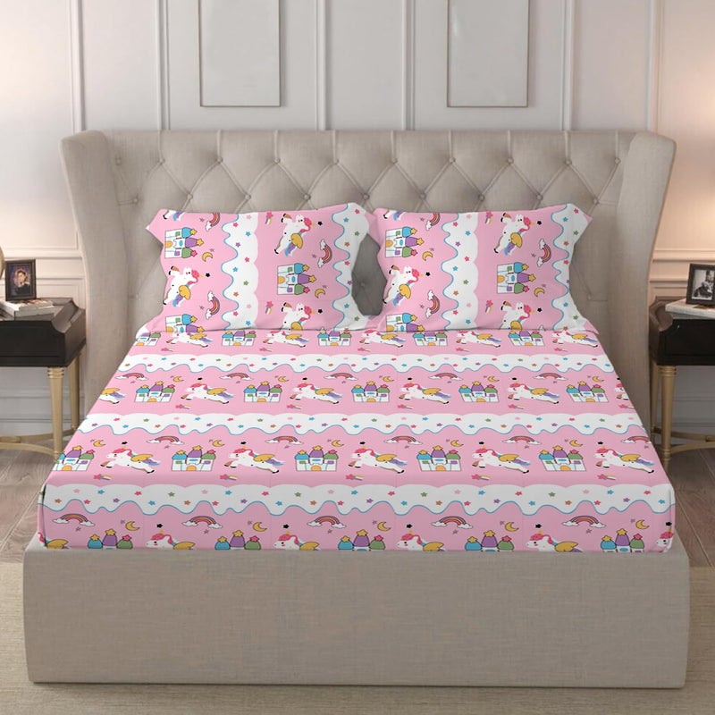 LOOMLYFE 300 TC Kids Cotton Feel Wrinkle Free Soft Hypoallergenic King Size Bedsheet Doube Bed with 2 Pillow Cover Size - 90x95 inches, Design - PinkUnicorn - Image 5