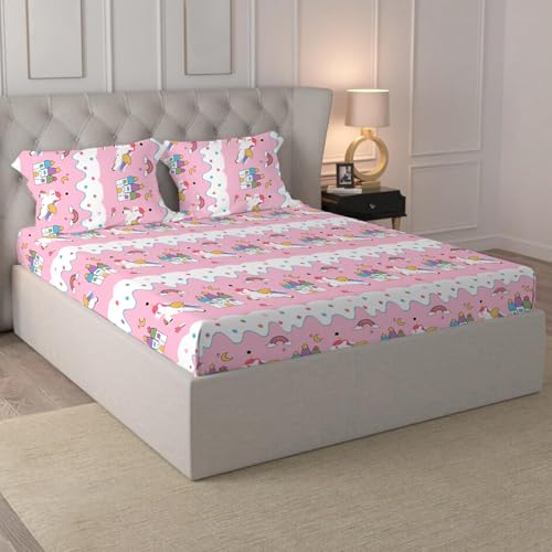 LOOMLYFE 300 TC Kids Cotton Feel Wrinkle Free Soft Hypoallergenic King Size Bedsheet Doube Bed with 2 Pillow Cover Size - 90x95 inches, Design - PinkUnicorn - Image 2