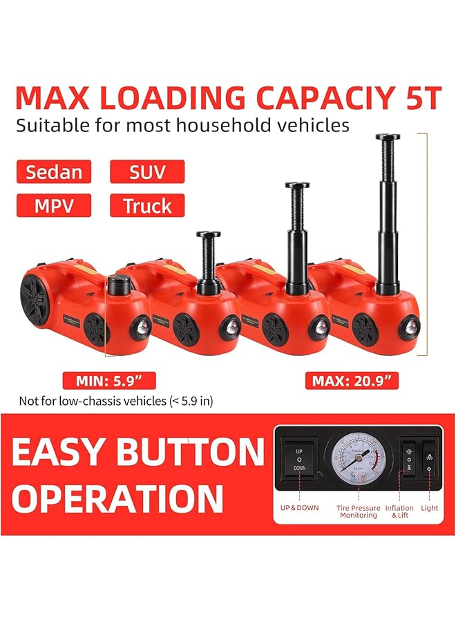 Upgraded Electric Car Jack Kit 5 Ton Floor Jack Hydraulic With Impact Wrench And Tire Inflator,Car Lift For Vehicle Roadside Emergency Tire Repair Kit (Red) - Image 3