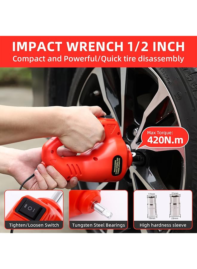 Upgraded Electric Car Jack Kit 5 Ton Floor Jack Hydraulic With Impact Wrench And Tire Inflator,Car Lift For Vehicle Roadside Emergency Tire Repair Kit (Red) - Image 5