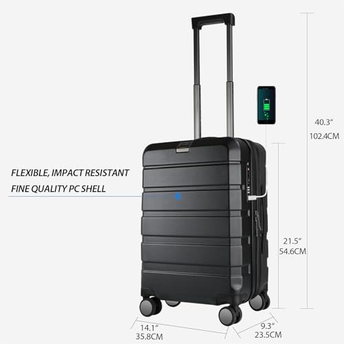 KROSER Hardside Expandable Carry On Luggage with Spinner Wheels Builtin TSA Lock Durable Suitcase Rolling Luggage with USB Port CarryOn 20Inch Black - Image 3