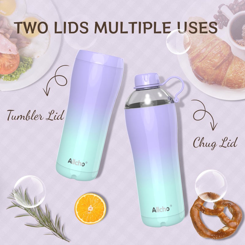 Allcho Insulated Water Bottle for Women, 24 oz Stainless Steel Water Bottles, Double Walled, 2 Lids (Chug & Tumbler) - Hydrate & Caffeinate,Available Gift Wrapping - Image 4
