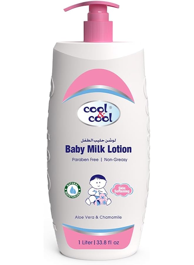 Cool & Cool Baby Milk Lotion 1 Liter Skin Softening Non Greasy Paraben Free Vitamin E Aloe Vera & Chamomile Extract With Extra Mild Formula - Image 1