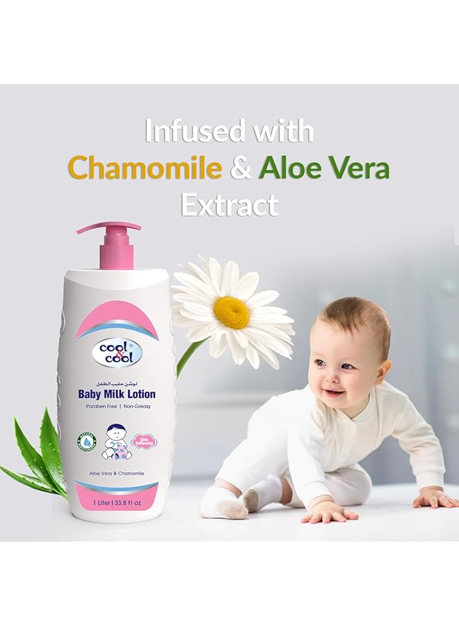 Cool & Cool Baby Milk Lotion 1 Liter Skin Softening Non Greasy Paraben Free Vitamin E Aloe Vera & Chamomile Extract With Extra Mild Formula - Image 3