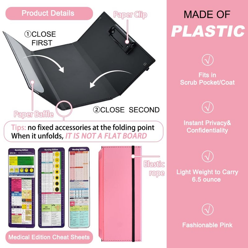 Vuzvuv Nursing Foldable Plastic Clipboard 3 Layers with Medical Edition Cheat Sheets, Pink Pocket Foldable Nurse Clip Boards Notepad for Students,Doctors and Medical Staff - Image 3