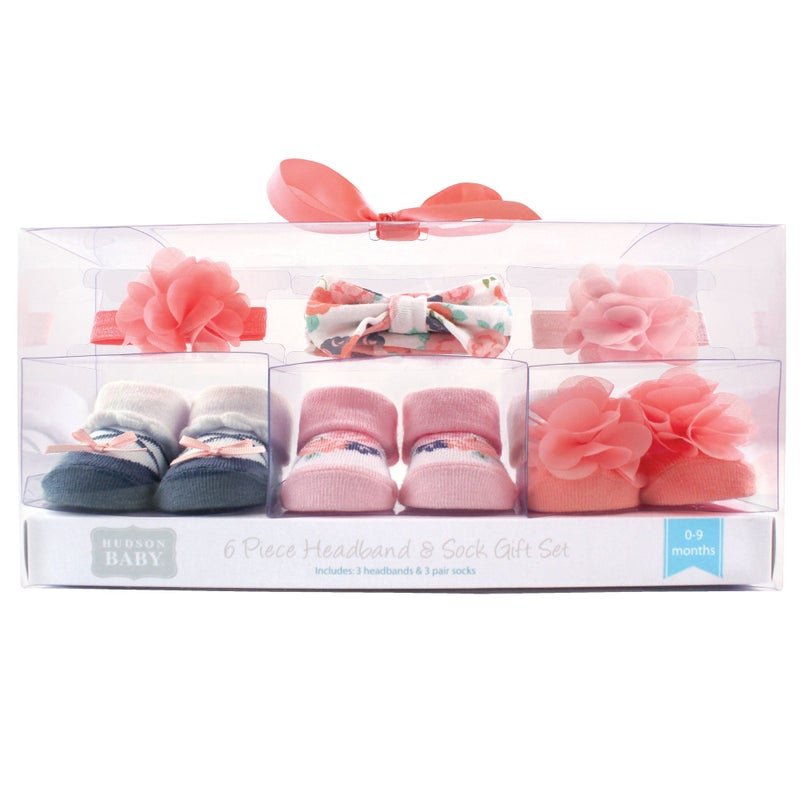 Hudson Baby baby girls Socks Giftset Headband, Coral Floral, One Size US - Image 2