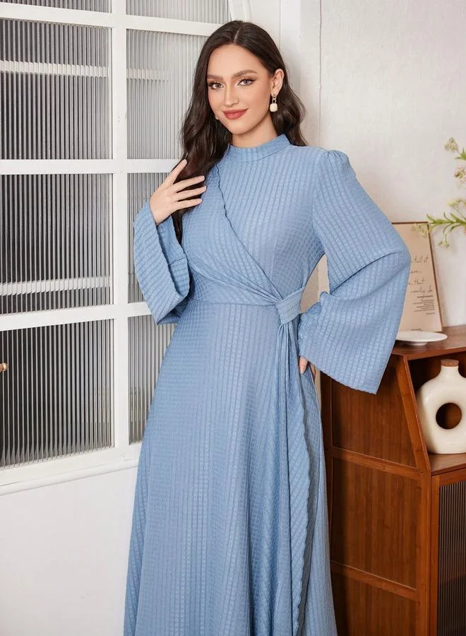 Take Two Blue Texture High Neck Bell Sleeve Maxi Dress