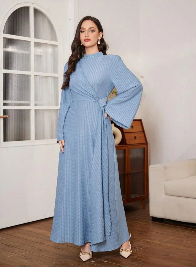 Take Two Blue Texture High Neck Bell Sleeve Maxi Dress
