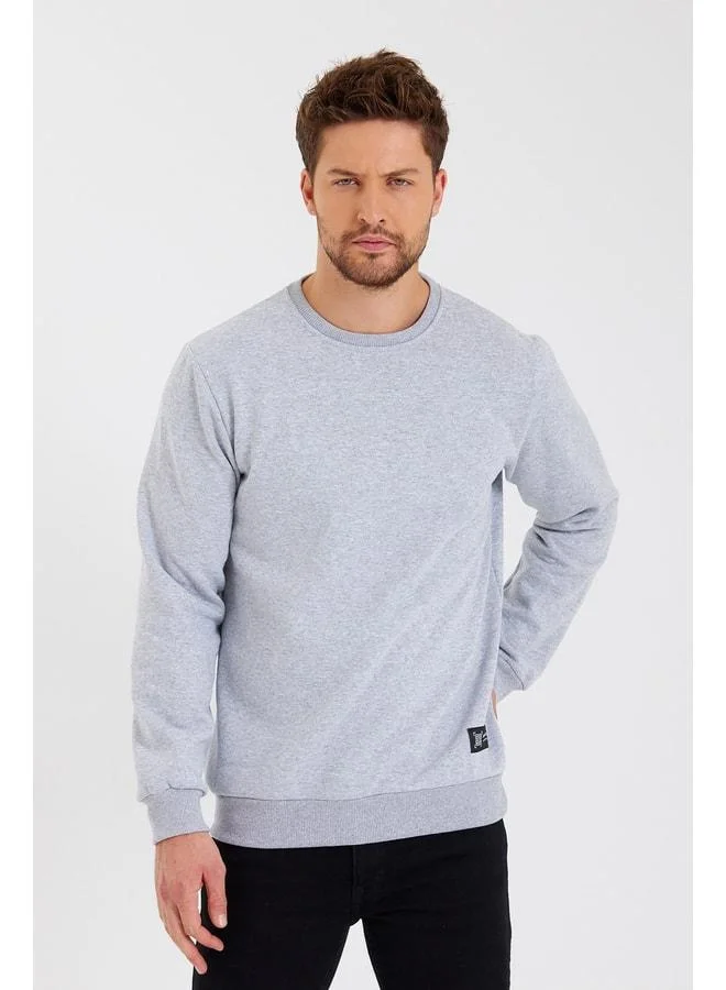 Grey Crew Neck Sweatshirt with Label Detail and Cotton Interior for Men