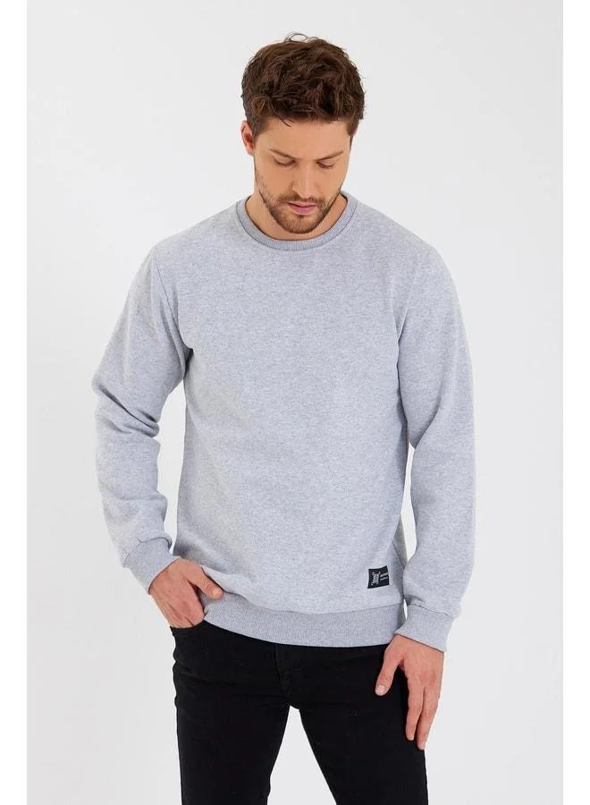 Mmetalic  Grey Crew Neck Sweatshirt with Label Detail and Cotton Interior for Men for Men | Best Price UAE