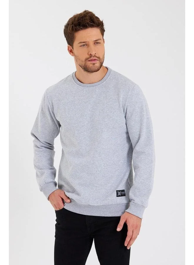 Mmetalic  Grey Crew Neck Sweatshirt with Label Detail and Cotton Interior for Men for Men | Best Price UAE
