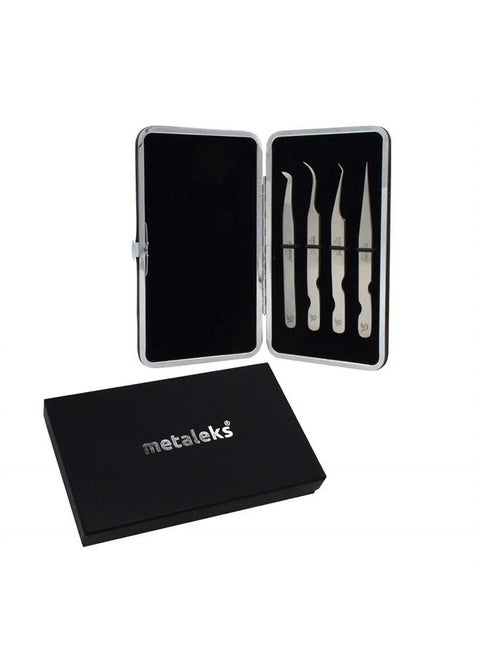Metaleks 4Pcs Eyelash Extension Tweezers In Japanese Stainless Steel Soft in Use Light In Weight With Elastic Kit (12cm, Matt Finish)