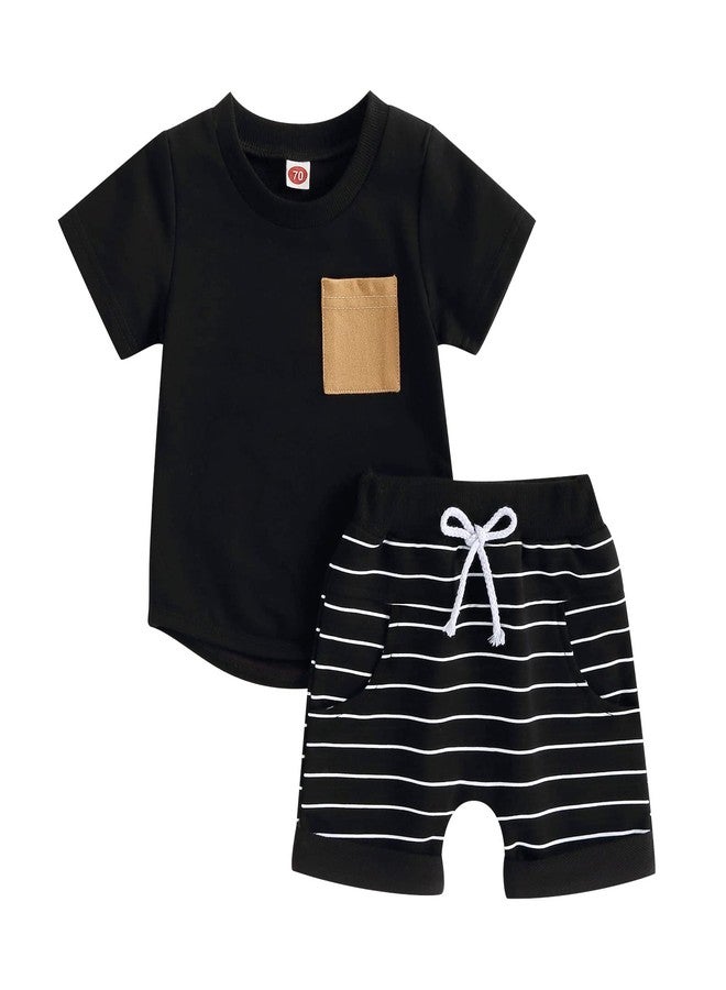 FOMOYUU Toddler Baby Boy Summer Outfit Patchwork Short Sleeve T Shirt Top Casual Shorts Set Infant Newborn Clothes (Black, 0-6 Months) - Image 1