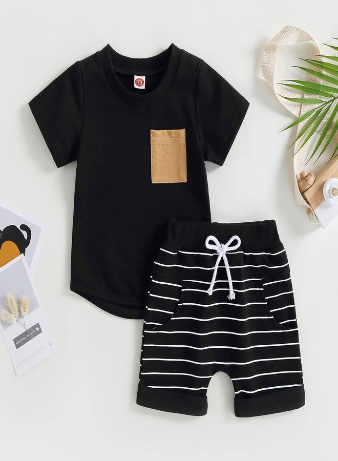 FOMOYUU Toddler Baby Boy Summer Outfit Patchwork Short Sleeve T Shirt Top Casual Shorts Set Infant Newborn Clothes (Black, 0-6 Months) - Image 2
