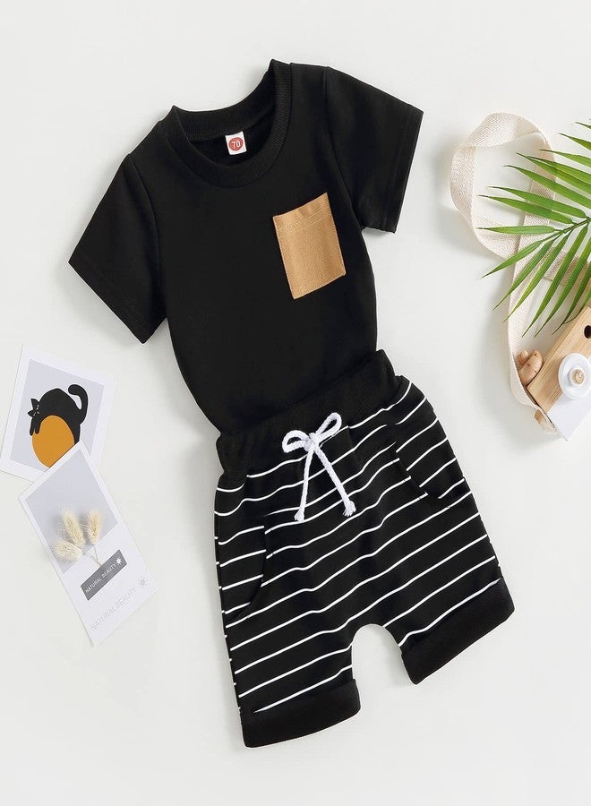 FOMOYUU Toddler Baby Boy Summer Outfit Patchwork Short Sleeve T Shirt Top Casual Shorts Set Infant Newborn Clothes (Black, 0-6 Months) - Image 3
