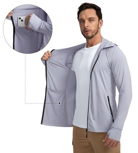 Sejuani Men's UPF 50+ Light Jacket Full Zip Sun Protection Hoodie Long Sleeve Sun Shirts for Men Hiking Fishing Zip Pockets(Light Grey_M) - Image 4