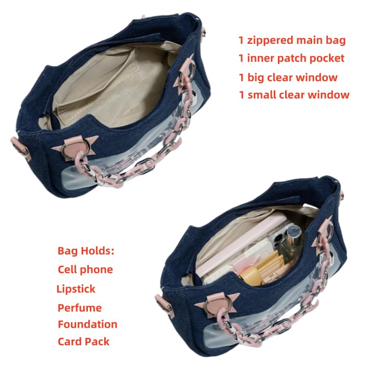 Vobomo Denim Stars Kawaii Single Shoulder Crossbody Bag Ita Bag Y2k Chains Handbag Aesthetic Cute Crossbody Bag (Dark Denim) - Image 5