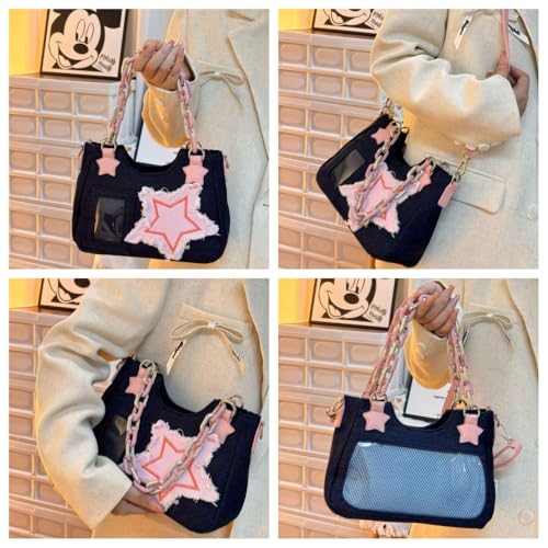 Vobomo Denim Stars Kawaii Single Shoulder Crossbody Bag Ita Bag Y2k Chains Handbag Aesthetic Cute Crossbody Bag (Dark Denim) - Image 2