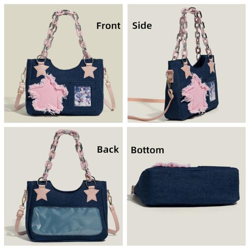 Vobomo Denim Stars Kawaii Single Shoulder Crossbody Bag Ita Bag Y2k Chains Handbag Aesthetic Cute Crossbody Bag (Dark Denim) - Image 3