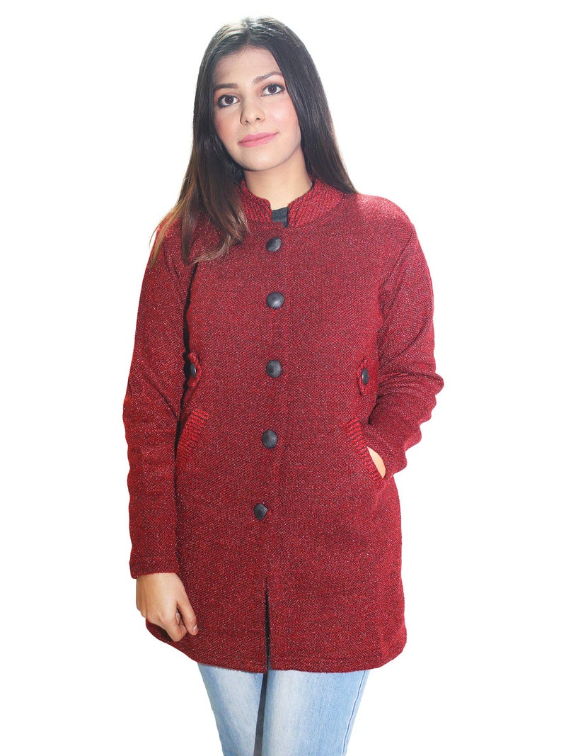 Matelco Womens Woollen Brown Buttoned Cardigan with Pockets (Large, Maroon) - Image 1