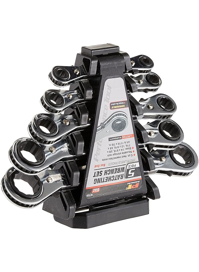 Performance Tool W709 Sae Reversible Ratcheting Wrench Set With 12 Point Box Ends 5 Piece 1/4 Inch To 11/16 Inch Sizes And Reusable Storage Rack - Image 1