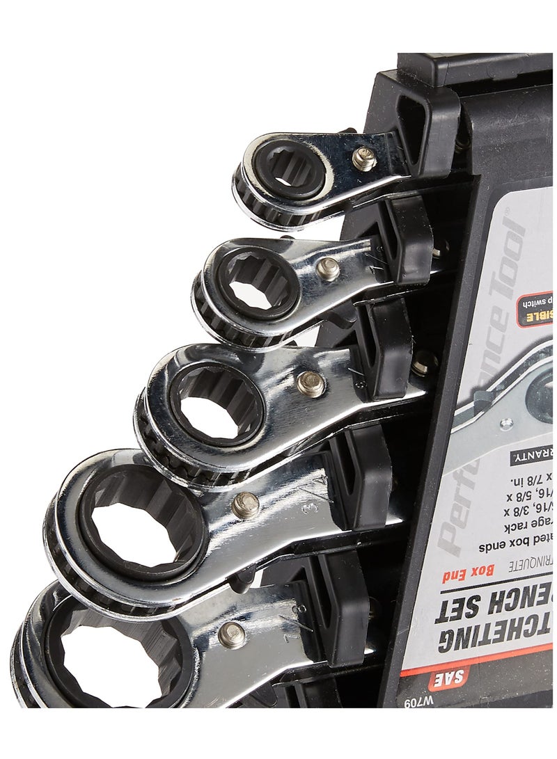 Performance Tool W709 Sae Reversible Ratcheting Wrench Set With 12 Point Box Ends 5 Piece 1/4 Inch To 11/16 Inch Sizes And Reusable Storage Rack - Image 4