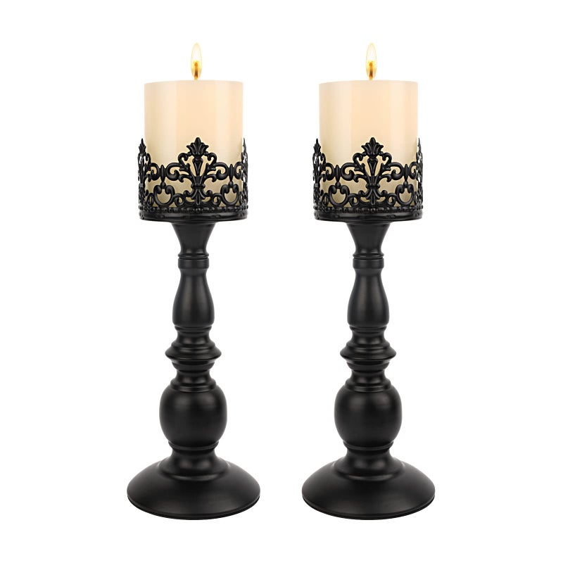 Candle Holders for Pillar Candles Gothic Matte Black Vintage Tall Candle Holders Set of 2 Decorative Large Table Centerpieces Candle Stand Decor Black 2PCS A
