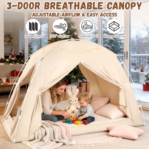 jiangcha Bed Tents for Kids and Adults, Portable 100% Breathable and 85% Blackout Dream Play Tent, 3 Doors Big Privacy Space Sleeping Canopy for Floor or Twin Full Queen Sizes Bed (Beige, Full-Size) - Image 2