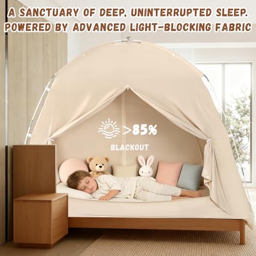 jiangcha Bed Tents for Kids and Adults, Portable 100% Breathable and 85% Blackout Dream Play Tent, 3 Doors Big Privacy Space Sleeping Canopy for Floor or Twin Full Queen Sizes Bed (Beige, Full-Size) - Image 5