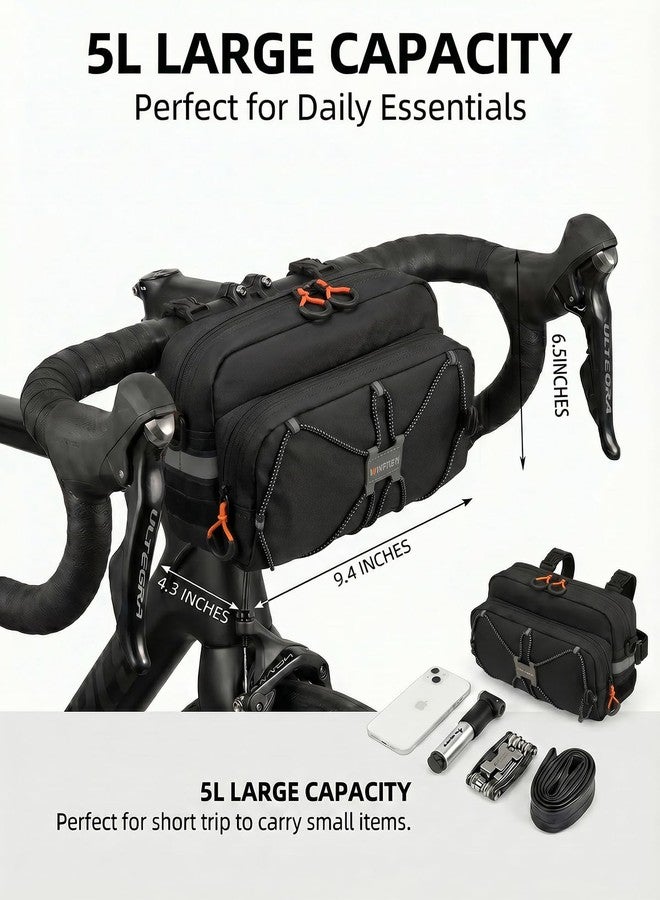WINPRIM Bike Handlebar Bag, 5L Large Capacity Bicycle Front Bag, Water Resistant Bike Bag with Reflective Straps & Shoulder Strap, Handlebar Frame Bag for Road Bike, MTB, Commuter Cycling BLACK - Image 2
