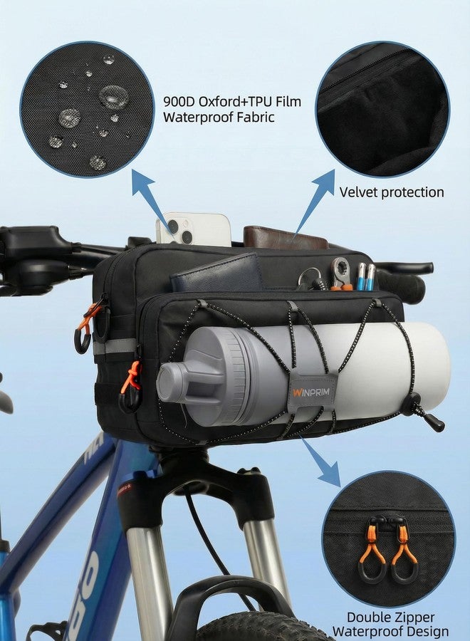 WINPRIM Bike Handlebar Bag, 5L Large Capacity Bicycle Front Bag, Water Resistant Bike Bag with Reflective Straps & Shoulder Strap, Handlebar Frame Bag for Road Bike, MTB, Commuter Cycling BLACK - Image 3