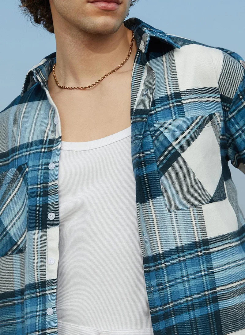 CAHOOT  Men's Azure Blue & Ash Grey Plaid Utility Oversized Shirt for Men | Best Price UAE