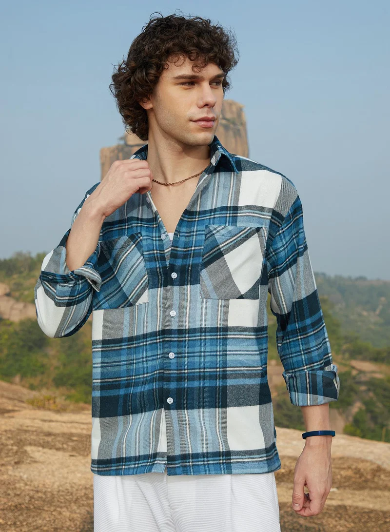 Campus Sutra Men's Azure Blue & Ash Grey Plaid Utility Oversized Shirt