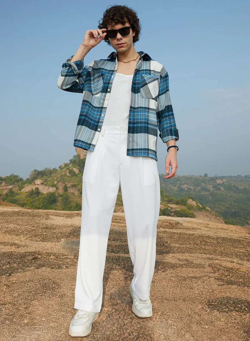 CAHOOT  Men's Azure Blue & Ash Grey Plaid Utility Oversized Shirt for Men | Best Price UAE